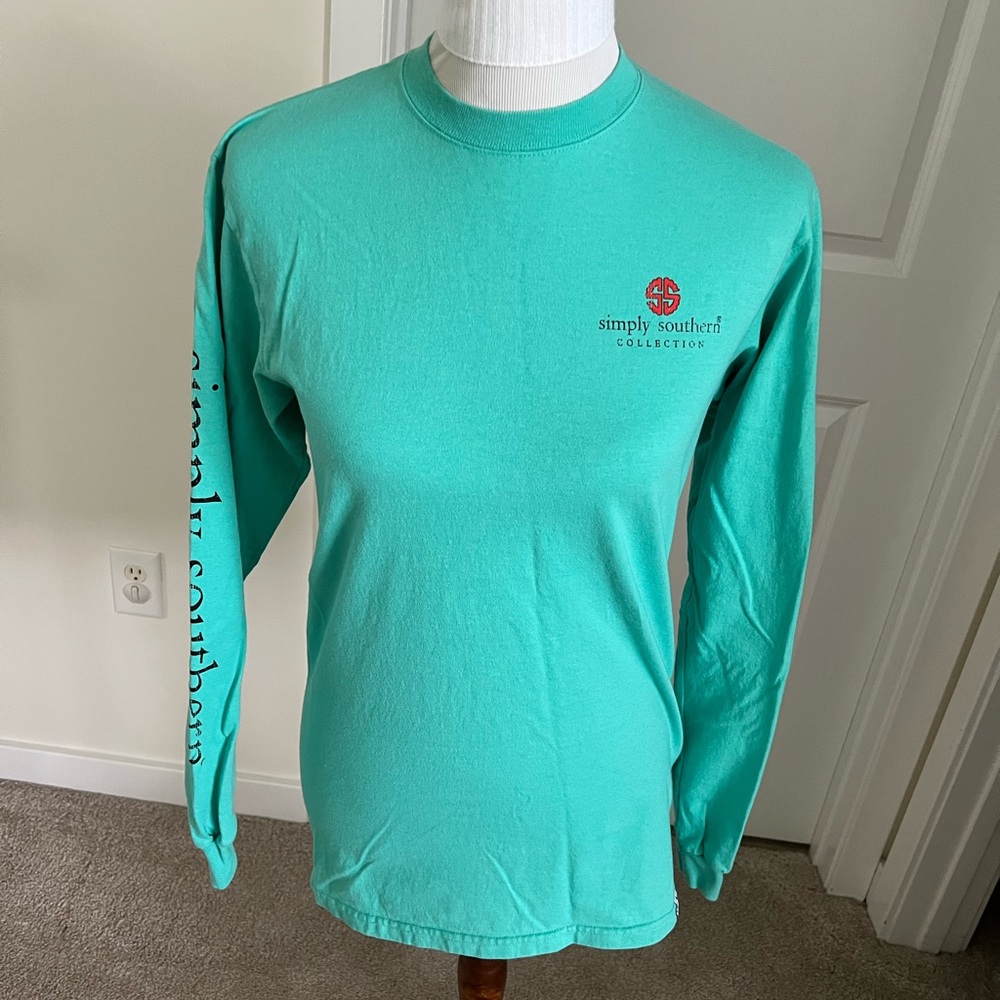 Simply Southern Christmas Aqua Long Sleeve Movies Coffee Repeat Tee Shirt Small